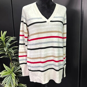LOFT V-neck long sleeve pullover,knit,horizontal thin stripe sweater,multi color